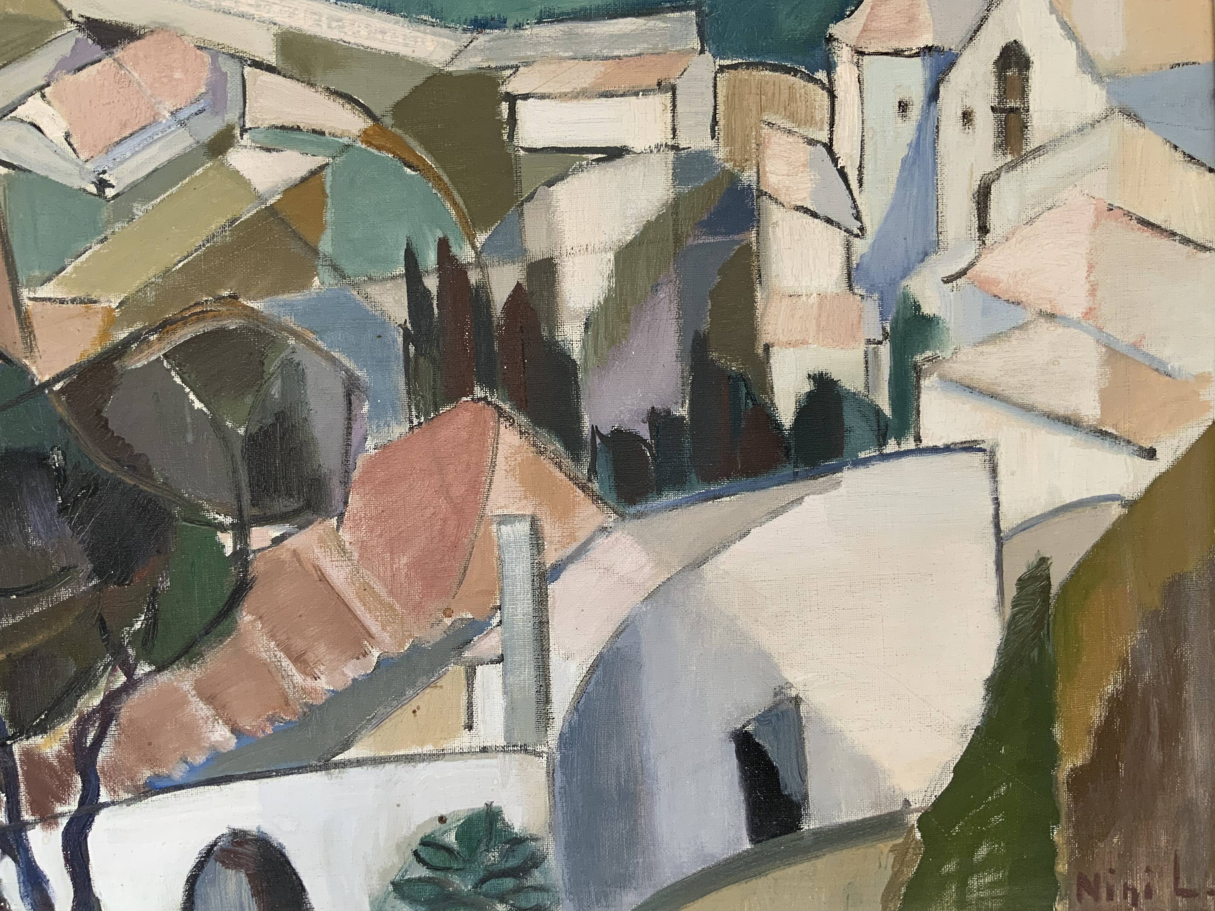 Vintage Modernists Oil On Canvas Landscape Painting by Nini Landgren 1950s