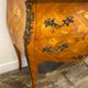 Louis XV curved commode, marble top, bronze fittings and marquetry.