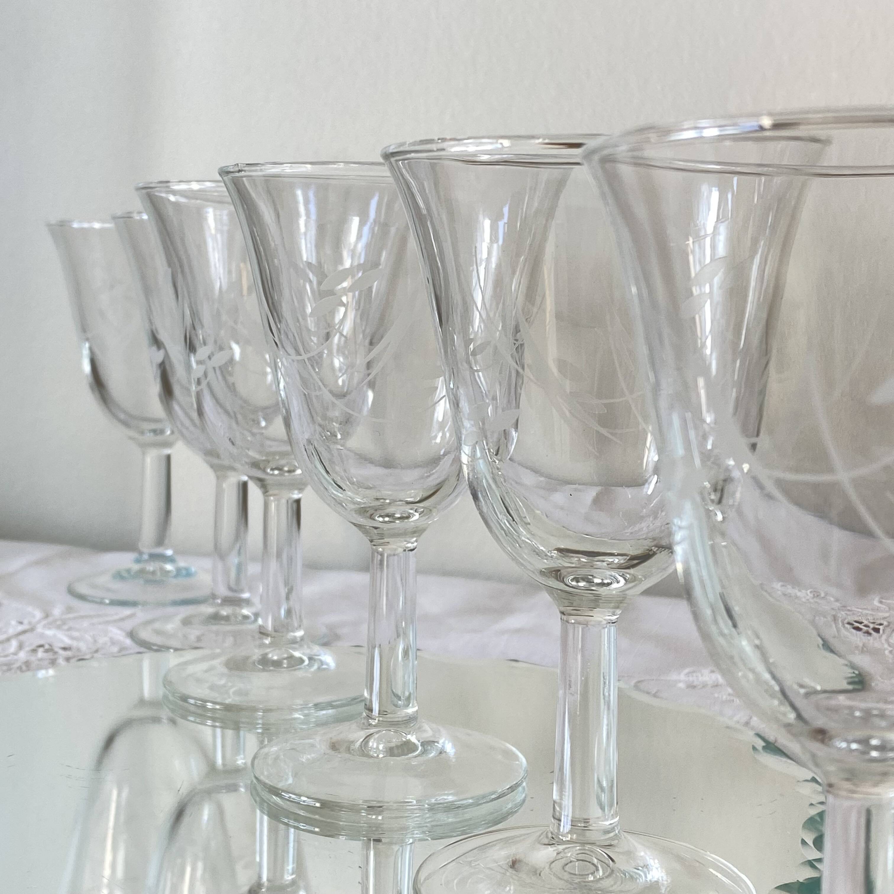 6 antique engraved stemmed glasses with stylised flowers, for wine or water.