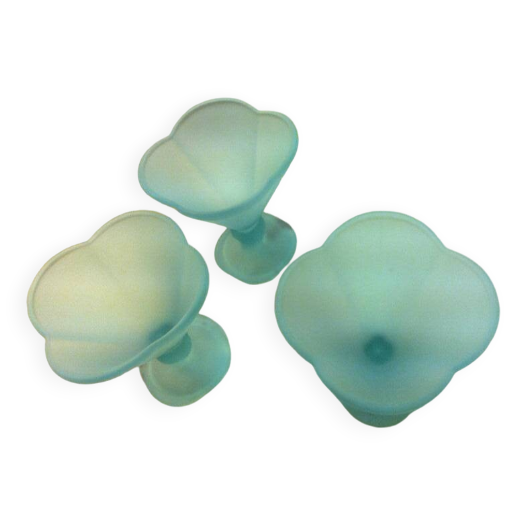 set of 3 ice cream / dessert cups, on foot, frosted blue-green glass