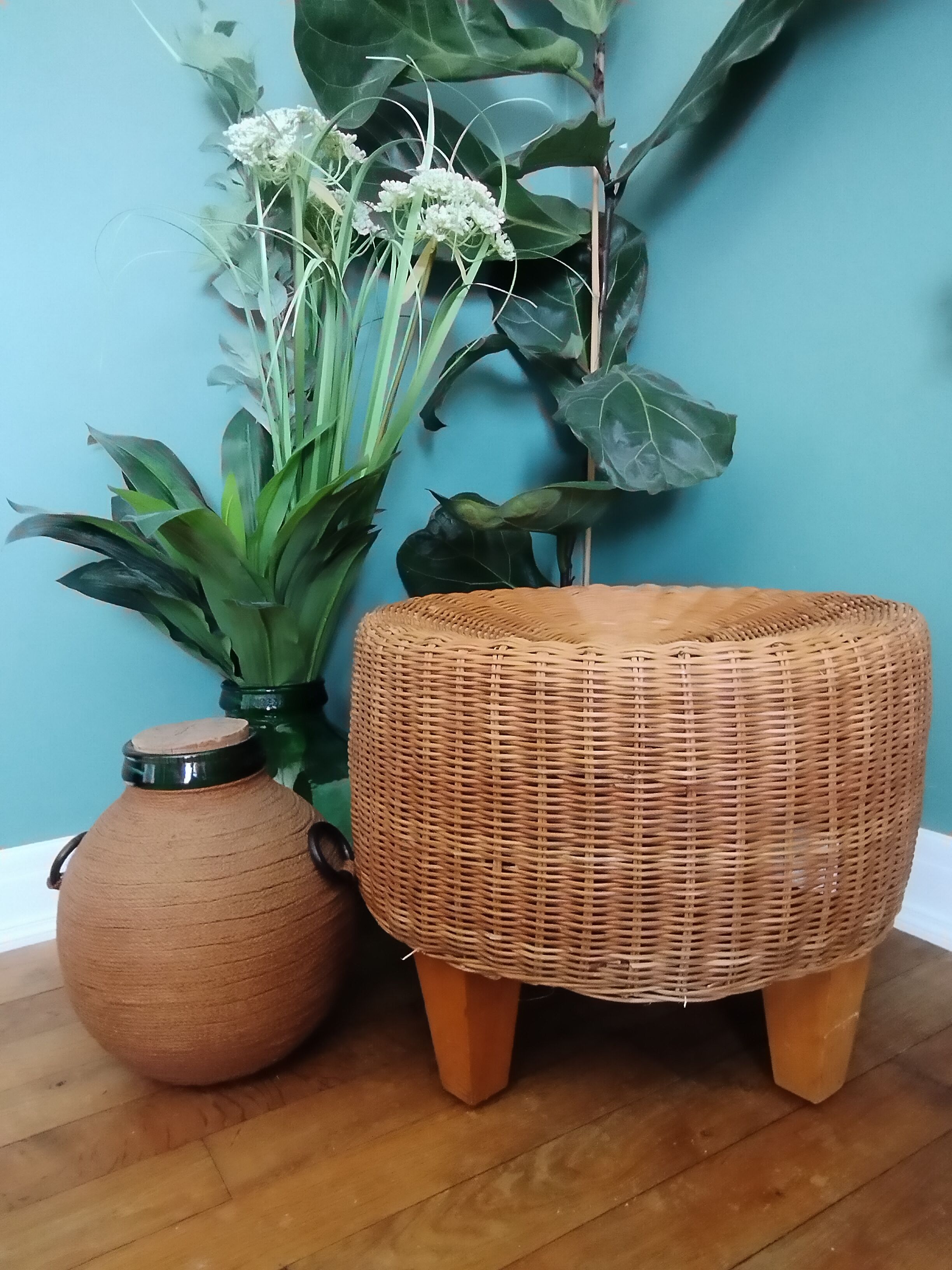 Vintage braided rattan pouf