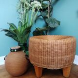 Vintage braided rattan pouf