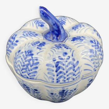 Pot couvert chinois, boîte, boîte à bijoux, citrouille, porcelaine blanche, décor végétal bleu Chine