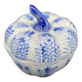 Pot couvert chinois, boîte, boîte à bijoux, citrouille, porcelaine blanche, décor végétal bleu Chine
