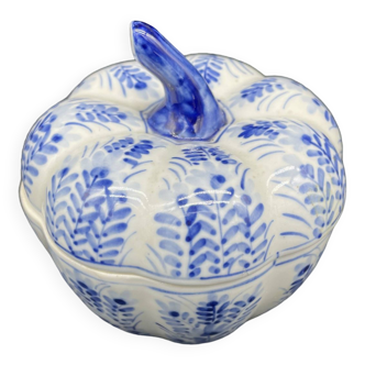 Pot couvert chinois, boîte, boîte à bijoux, citrouille, porcelaine blanche, décor végétal bleu Chine