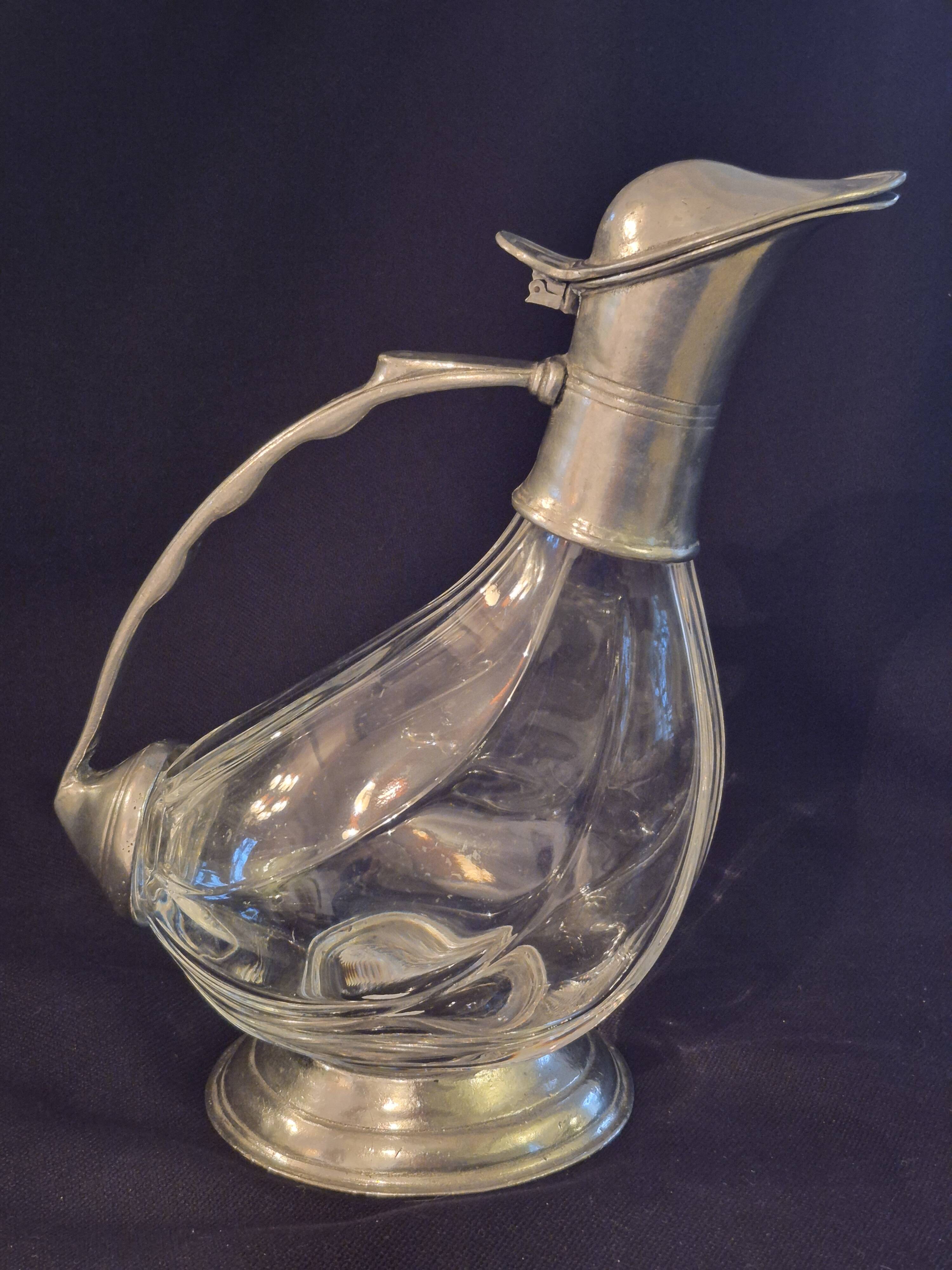 Wine carafe, duck design, glass and metal A553