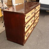 Six-drawer mahogany and straw chest of drawers, circa 1950, made in Mexico