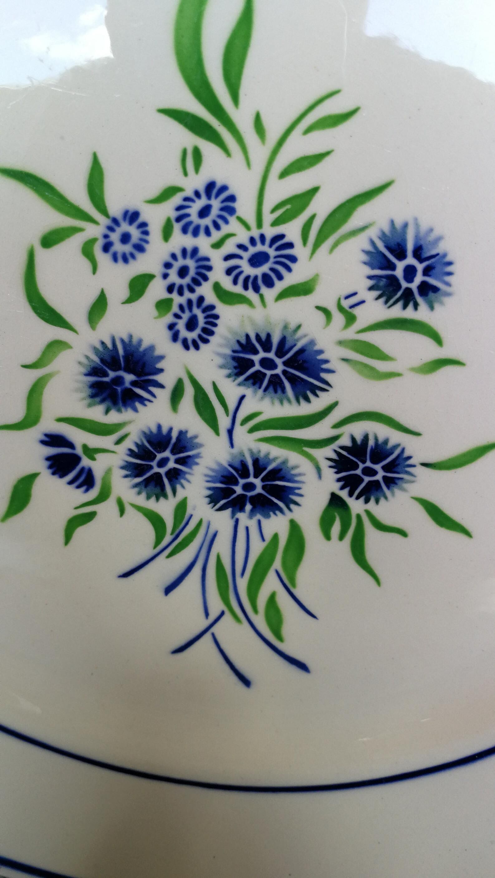 Large Dish Dish Old Badonviller, model Francine, Blue and Green Flowers in The Stencil