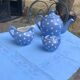 Lavender blue earthenware tea service with white polka dots from Digoin Sarreguemines.