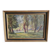 Oil on canvas mounted on panel Landscape River signed Gudin 19