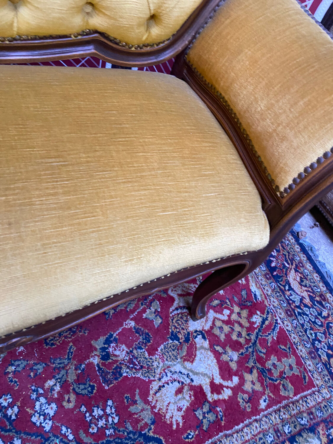 Louis XV style bench upholstered yellow velvet