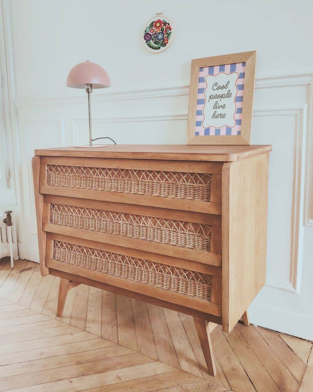 Renovated vintage chest of drawers, 1960s, made of wood and rattan.