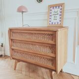 Renovated vintage chest of drawers, 1960s, made of wood and rattan.
