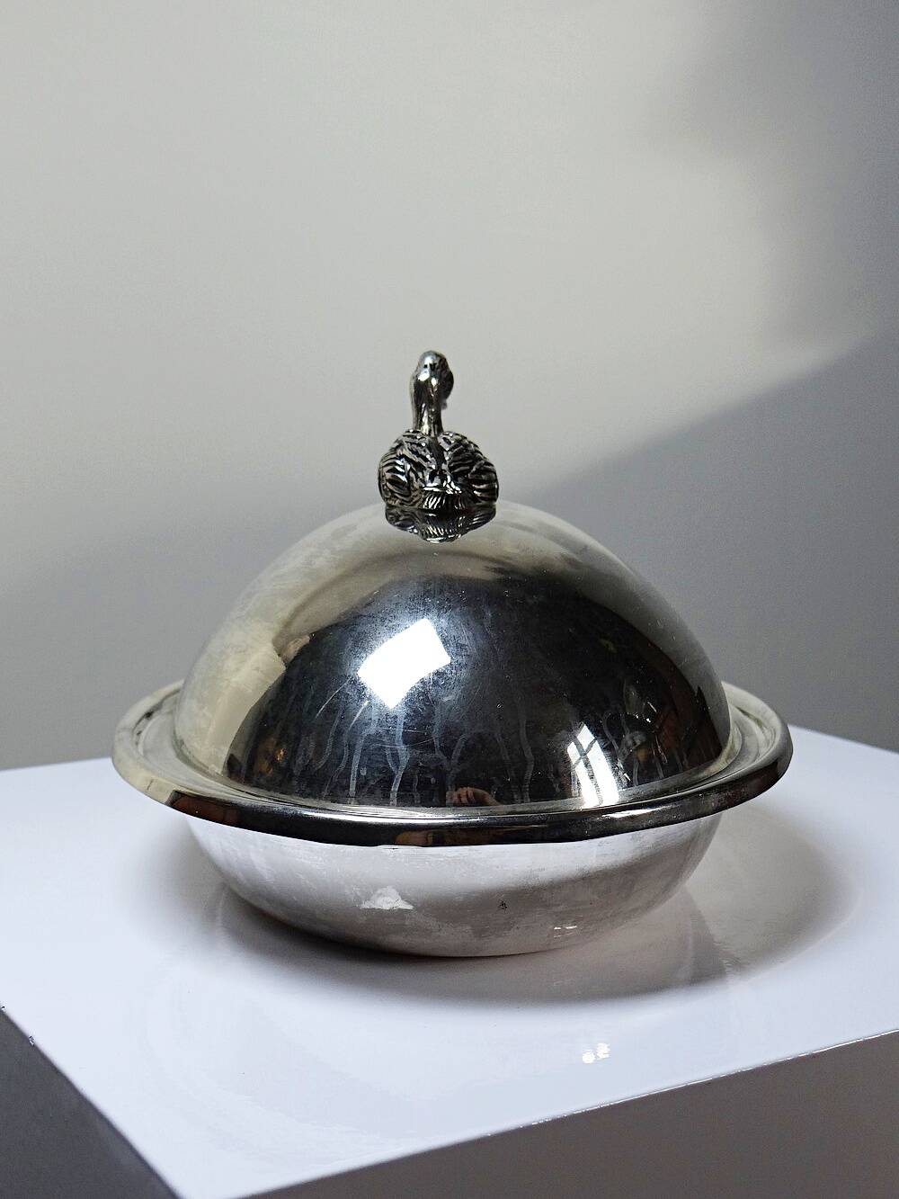 Vintage silver-plated foie gras bell duck handle from the 60s-80s.