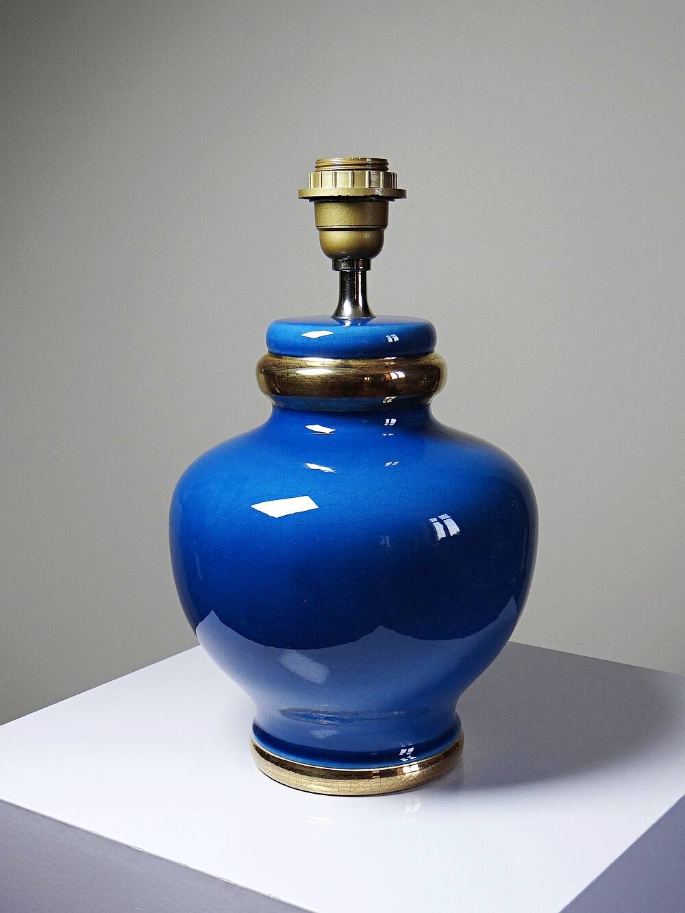 Vintage lamp Att. Le Dauphin in cobalt blue and gold ceramic, 1960s-1970s.