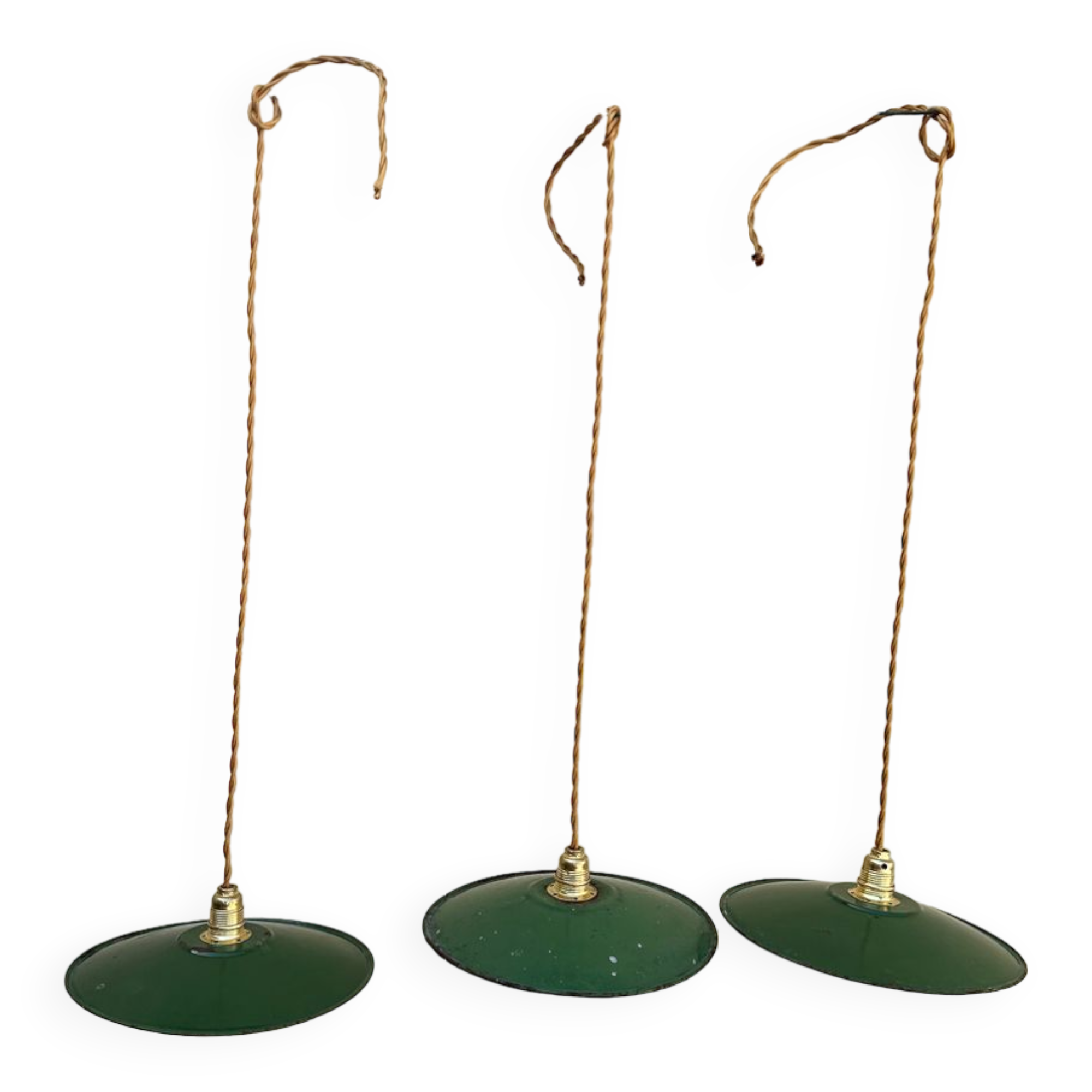 Trio of vintage pendant lights in green and white enameled sheet metal, industrial farmhouse decor