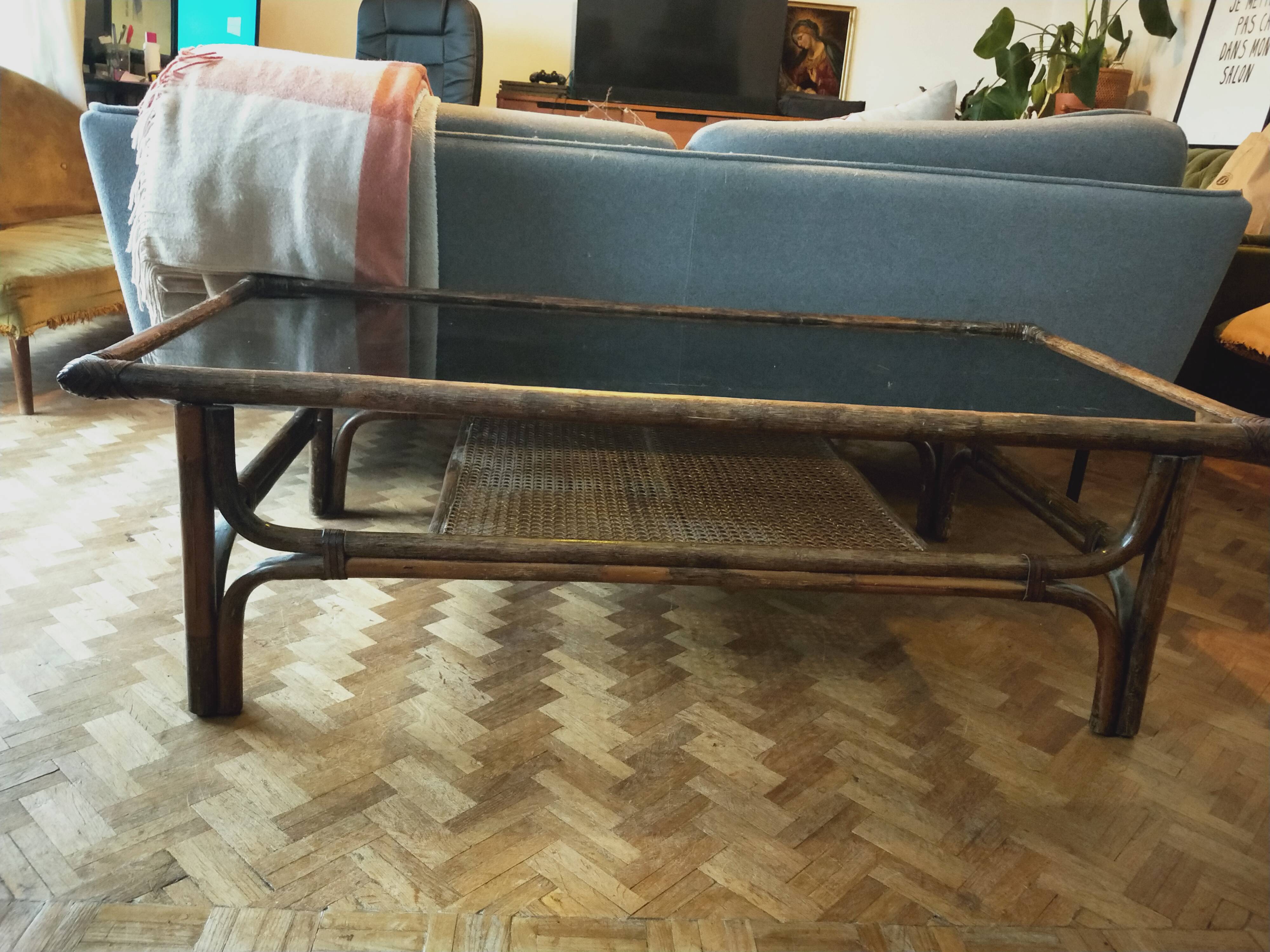 Rattan smoked glass and cannage coffee table