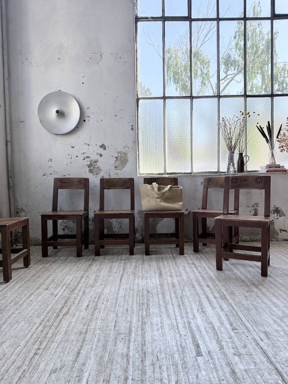 Set of 4 Savoyard pine folk art chairs from the 1950s.