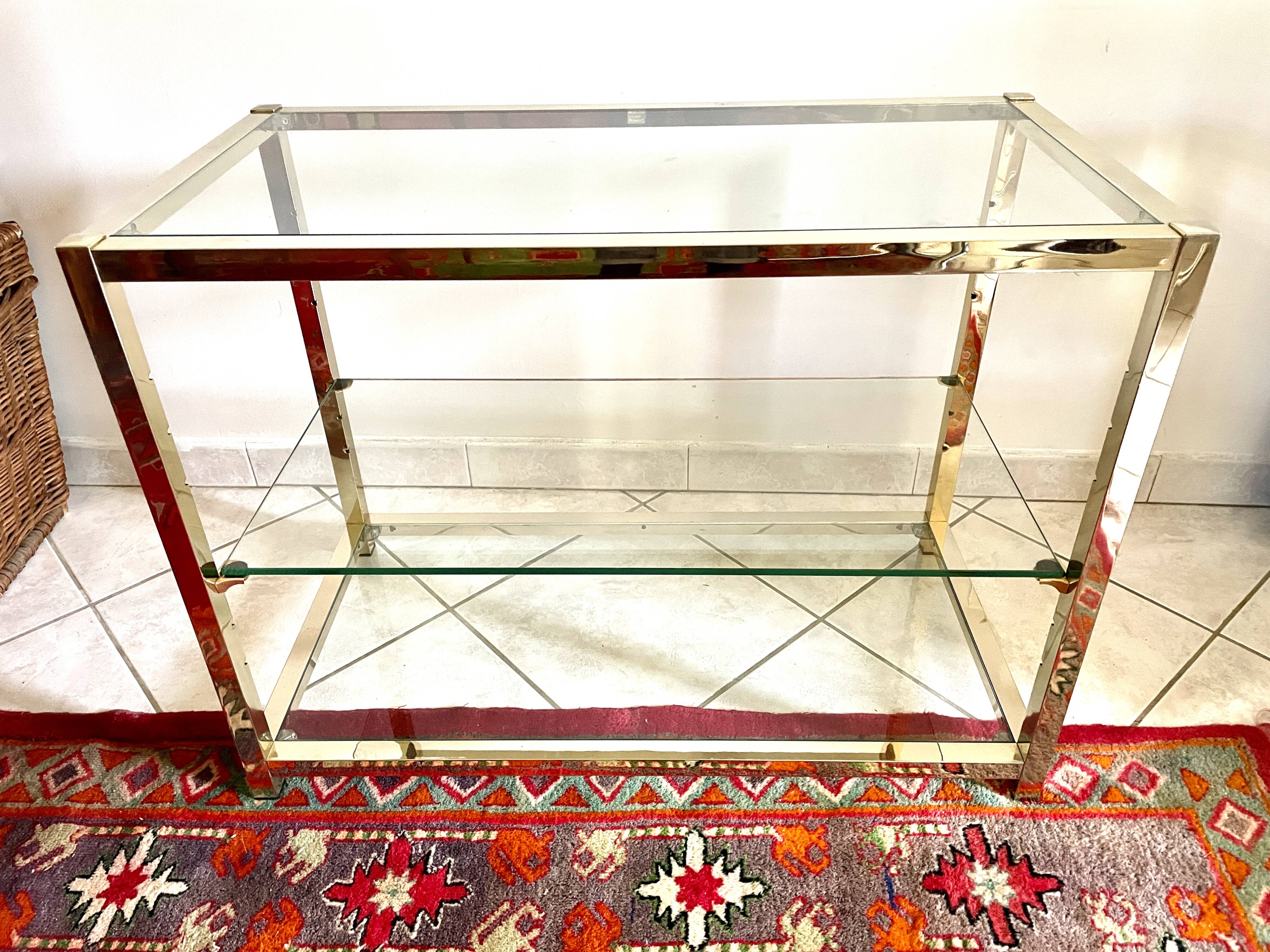 Coffee table with glass and gilded brass shelf France 1970