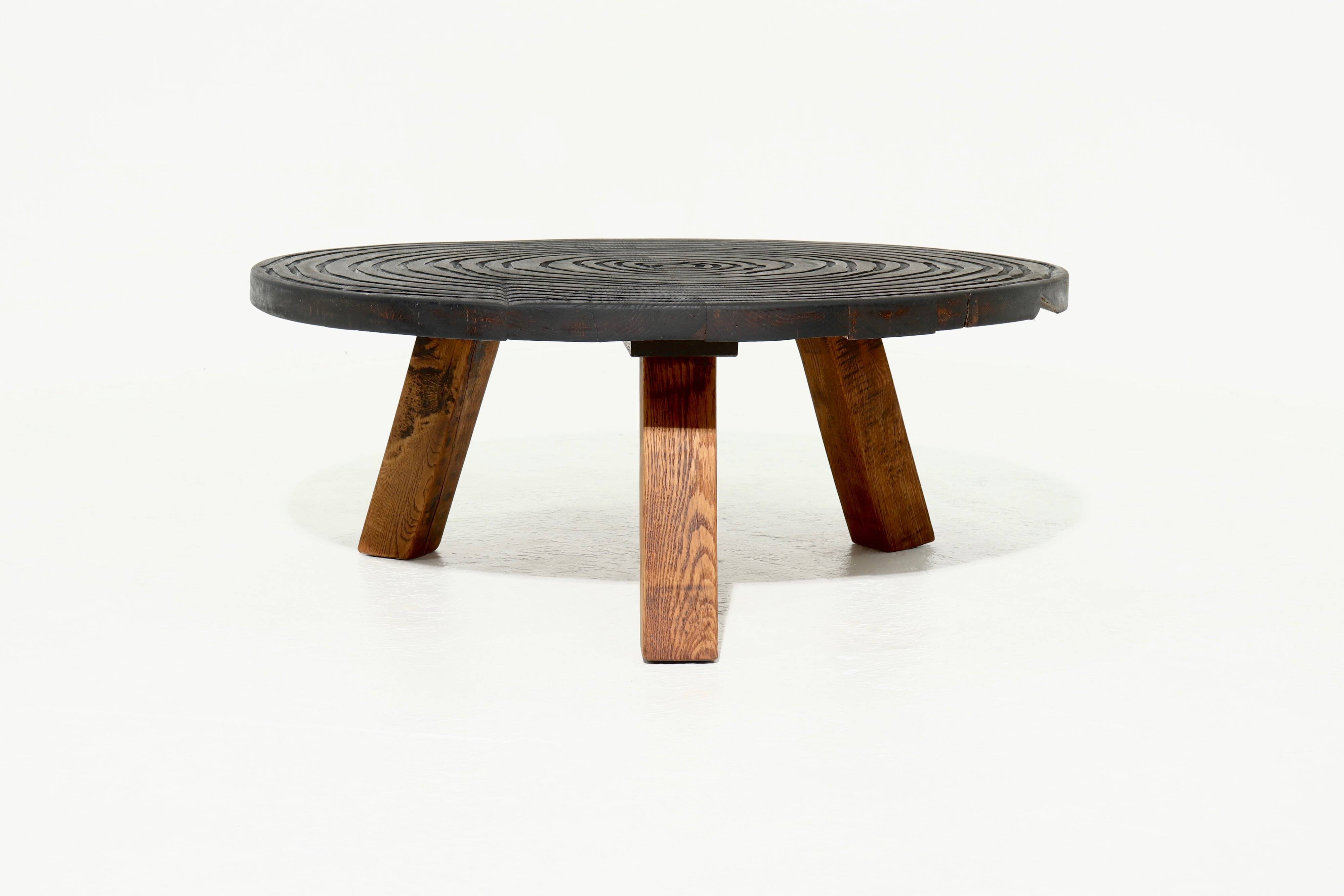 Artisan Solid Oak Round Tripod Coffee Table 1960s