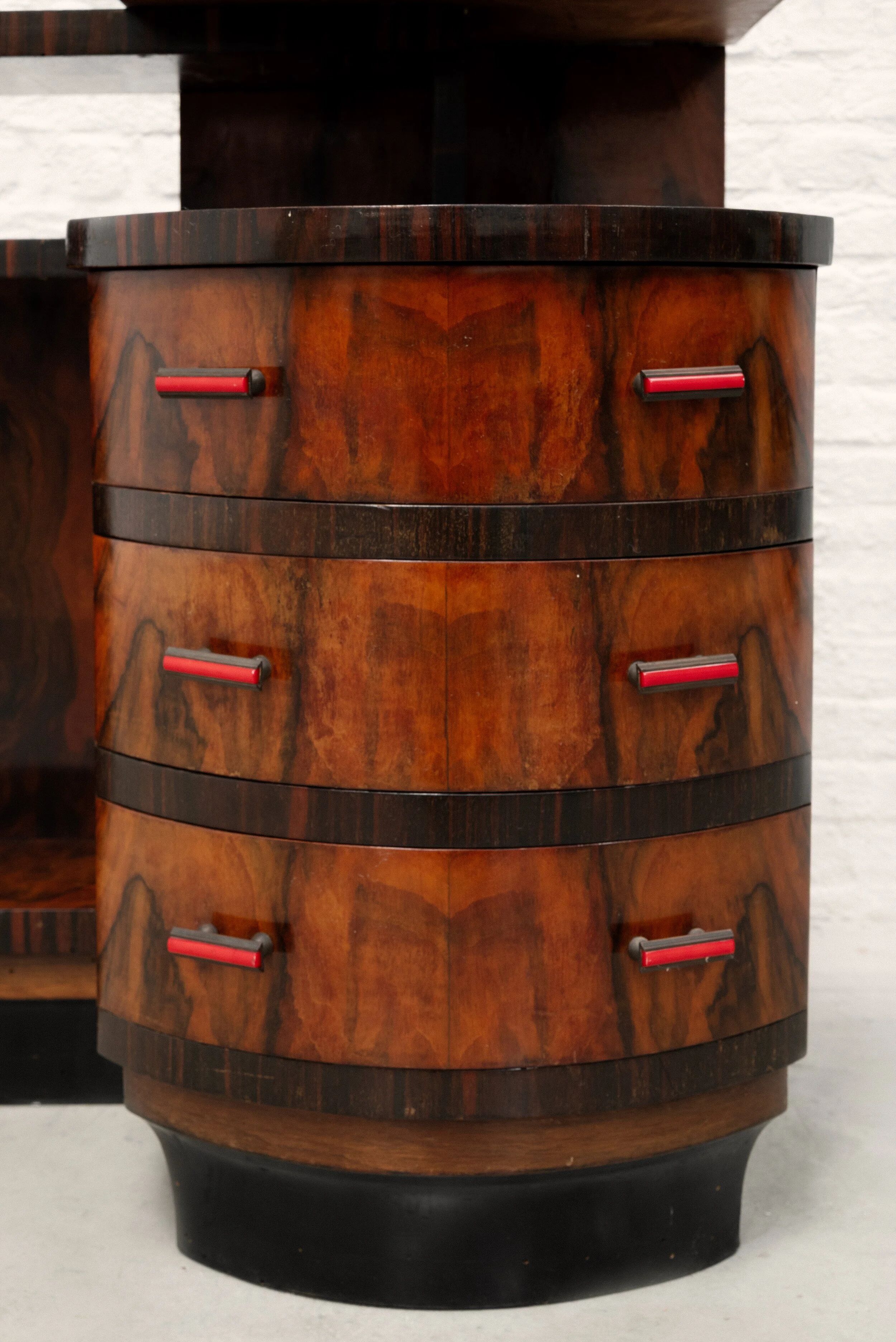 Italian rationalist walnut sideboard with red Bakelite handles, circa 1930