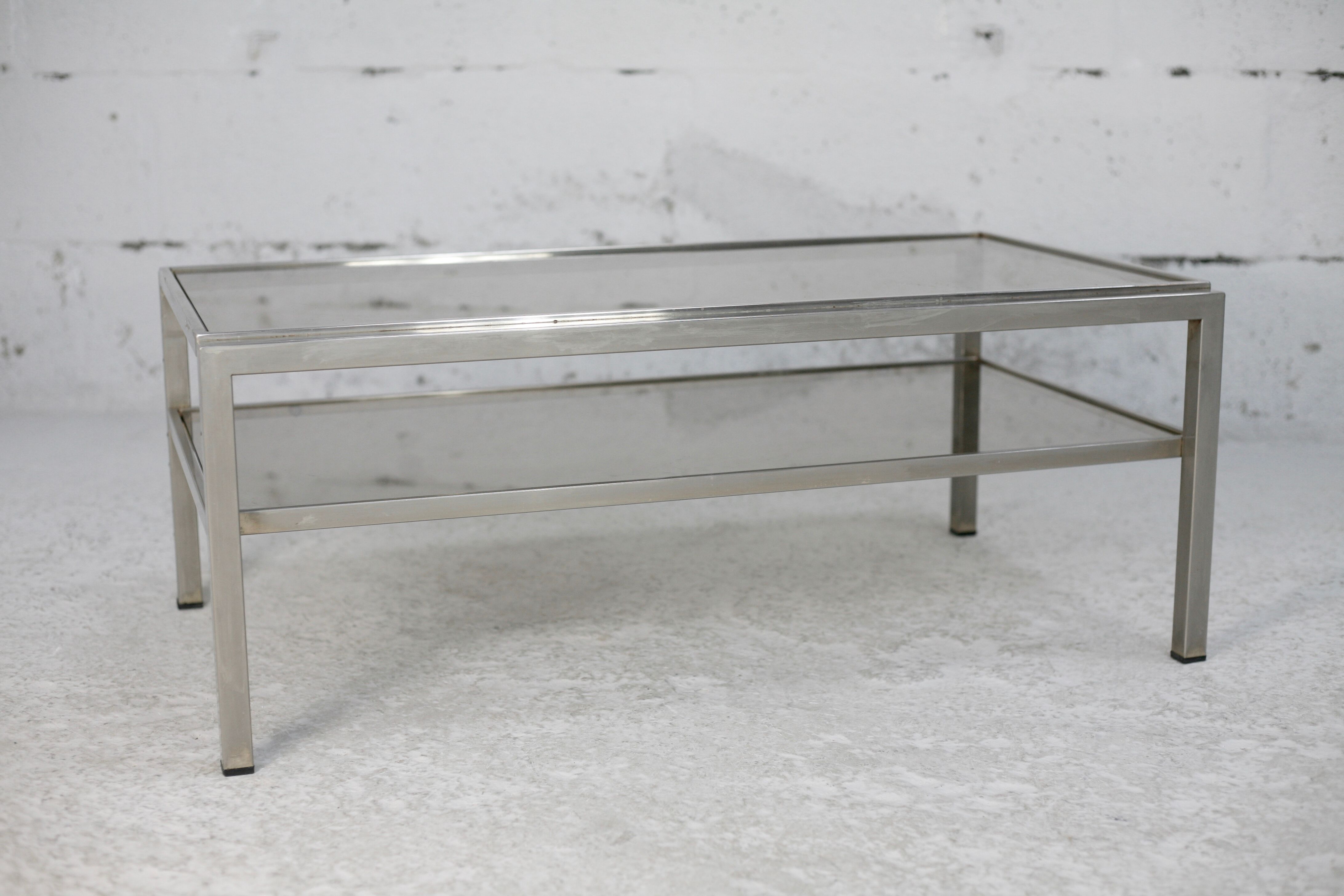 Double coffee table trays smoked glass steel. France, circa 1970