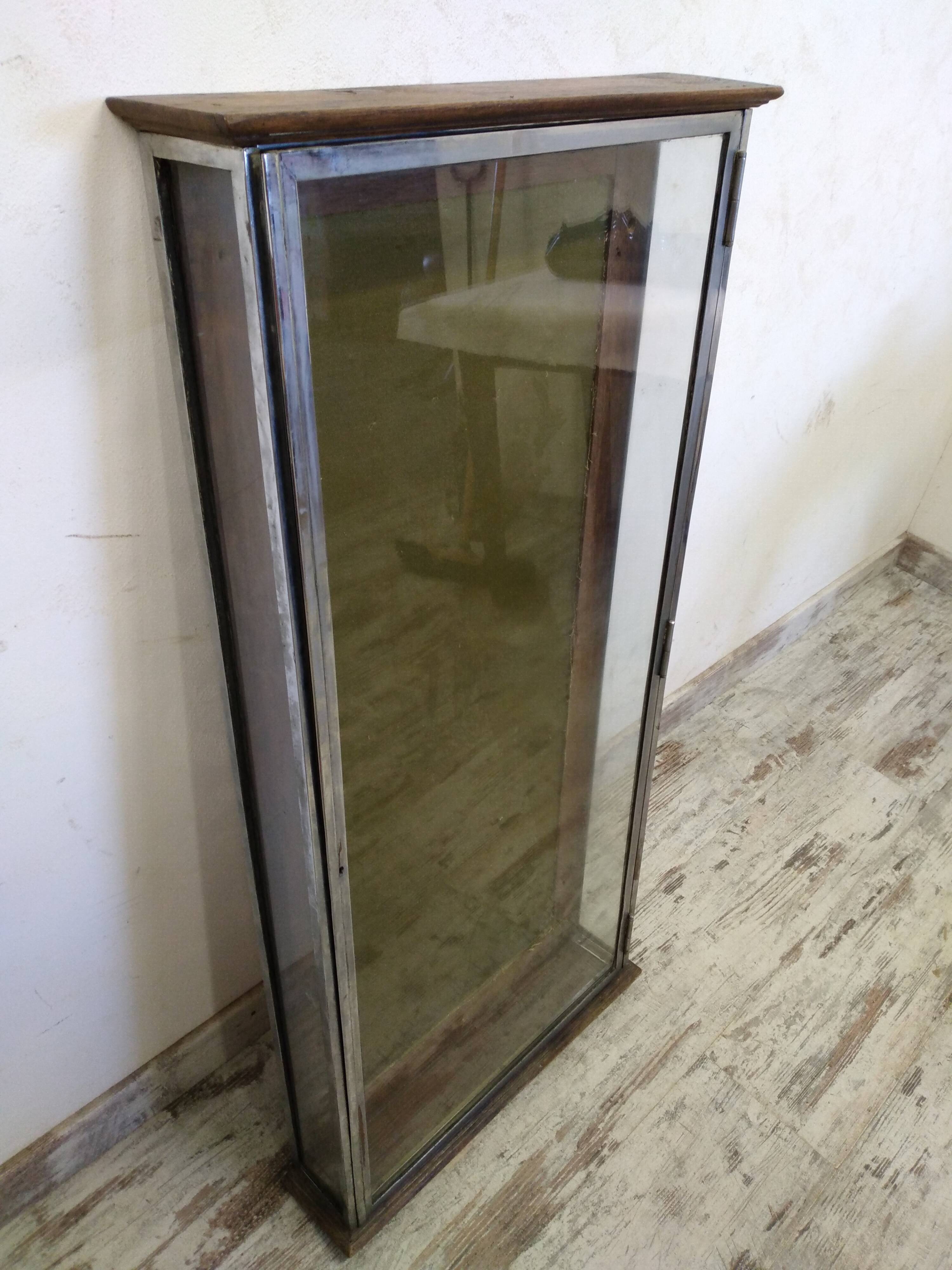 Atypical old wooden and metal wall display case