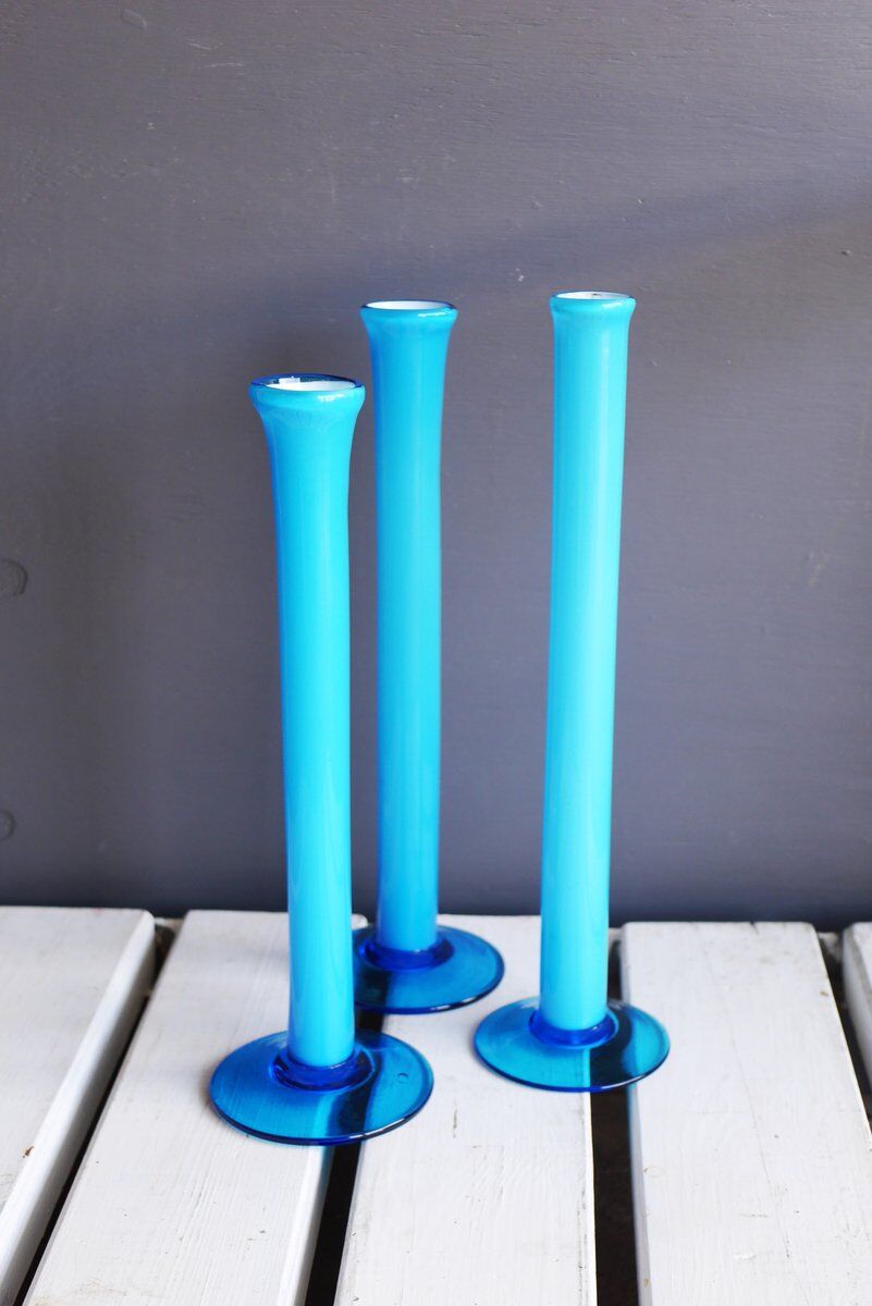 Vintage tall handblown orchid vases in azure blue by Artur Percy for Gullaskruf, 1970s, set of 3