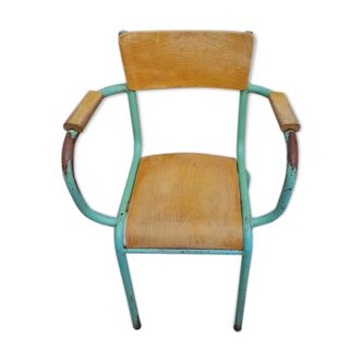Ancien fauteuil d'instituteur des années 50 en tube laqué et assise bois