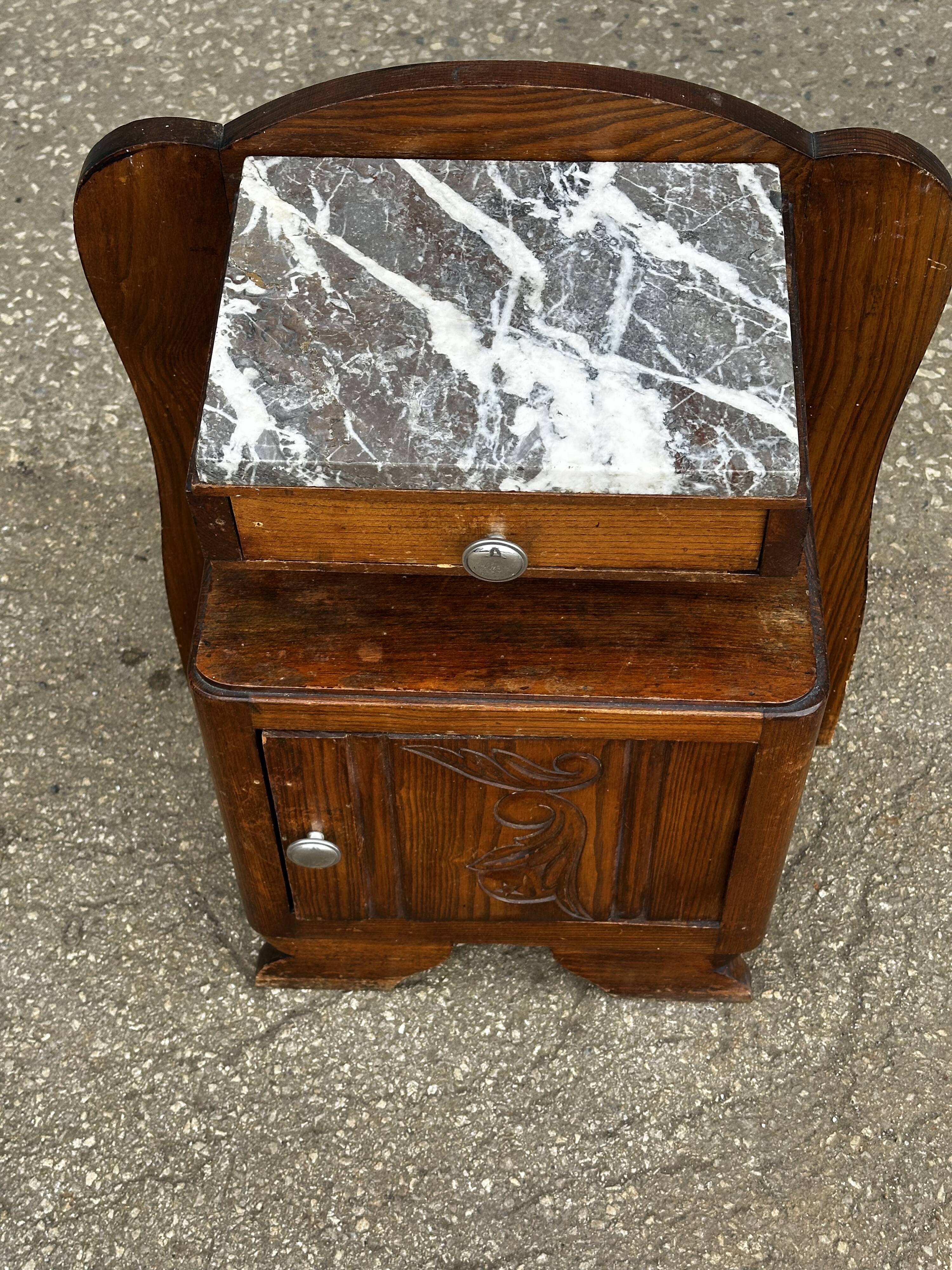Art Deco bedside table in oak and marble