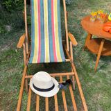 Transat/ chilienne vintage en bois avec repose-pieds — Années 60