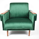 Fauteuil vintage en velours années 1960 restauré bouteille verte