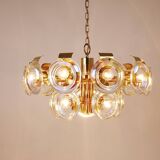 Large brass chandelier by Oscar Torlasco, rainbow optical glass rings, Italy, 1970s.