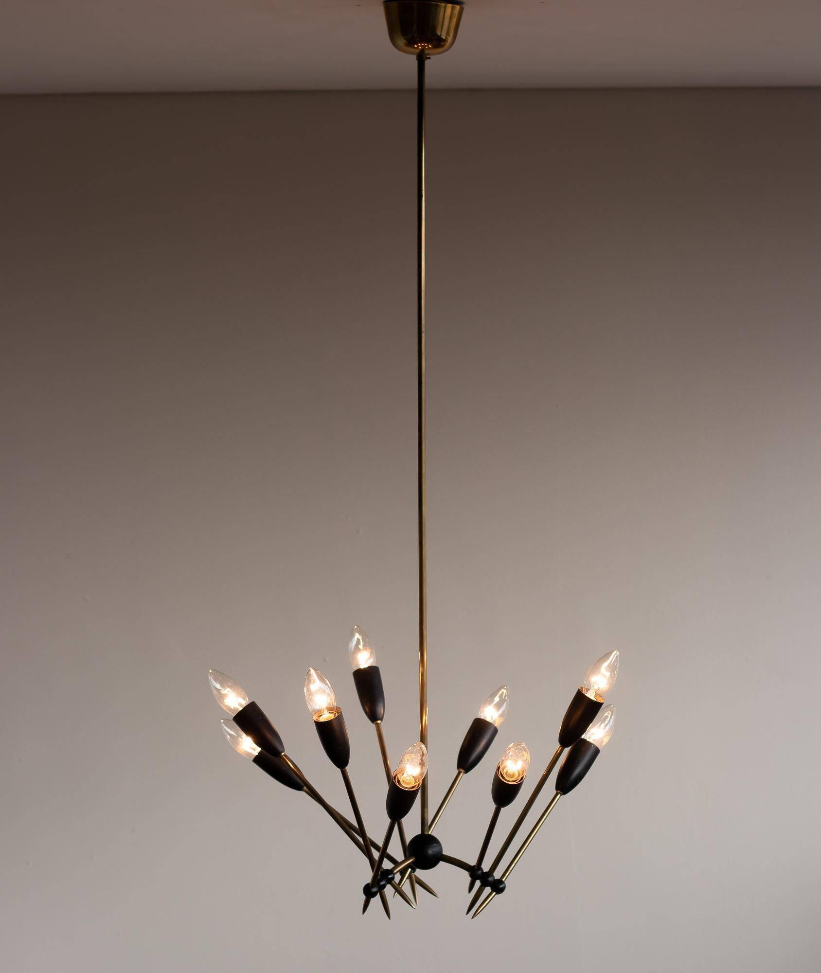 Brass chandelier with nine lights Stilnovo, Italy, 1950s