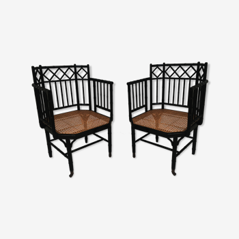 Pair of bridge chairs in wood, canning and brass