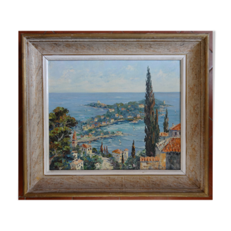 Marine peinture à l'huile de Saint-Jean-Cap-Ferrat signée H. E. BARGIN, 71 x 63 cm