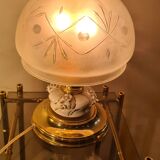 chrome gold lamp and engraved glass 1970 to 80,,32x19,, very beautiful