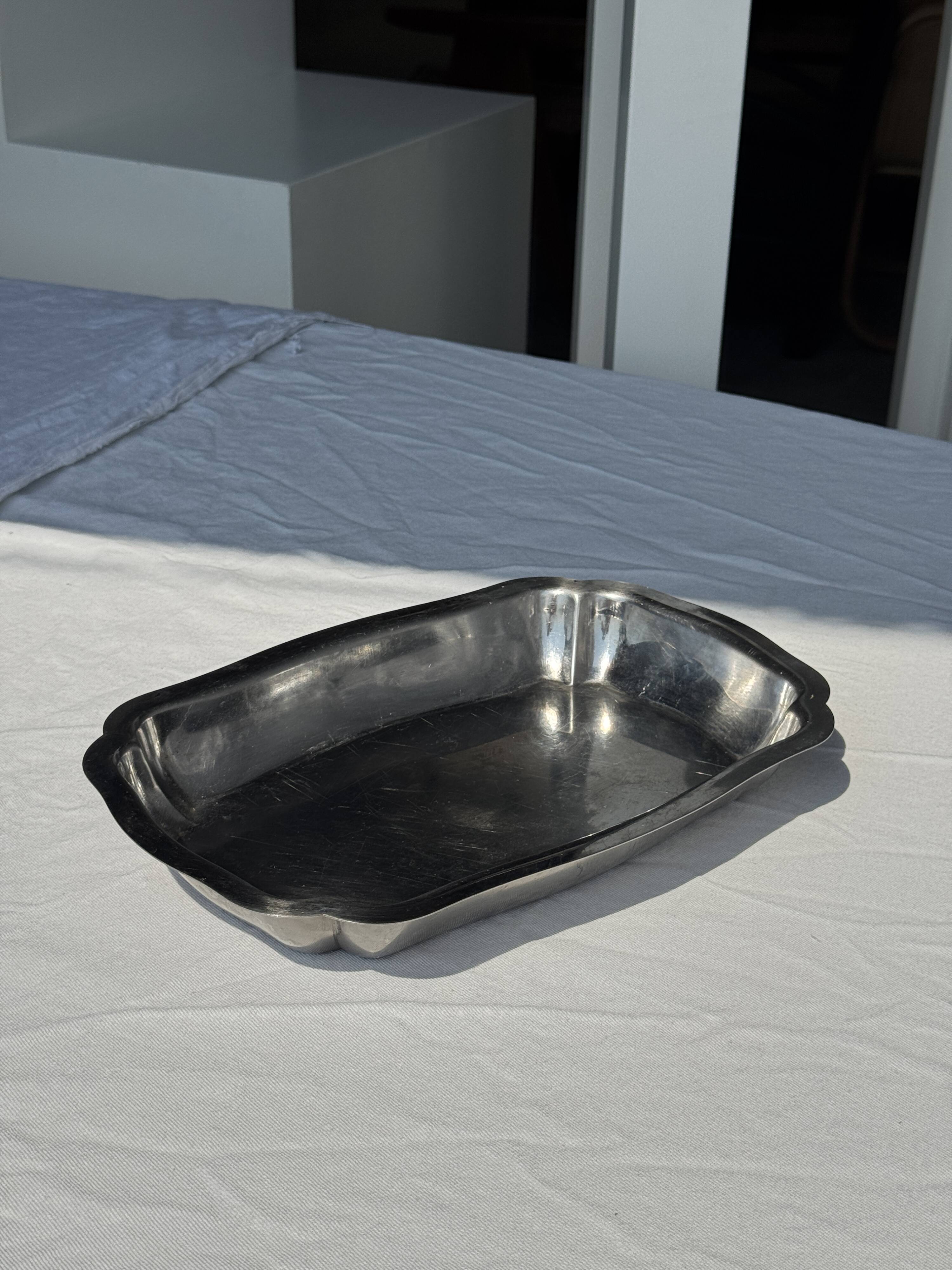 Silver metal serving dish oval rectangular high edges 30.5 x 21