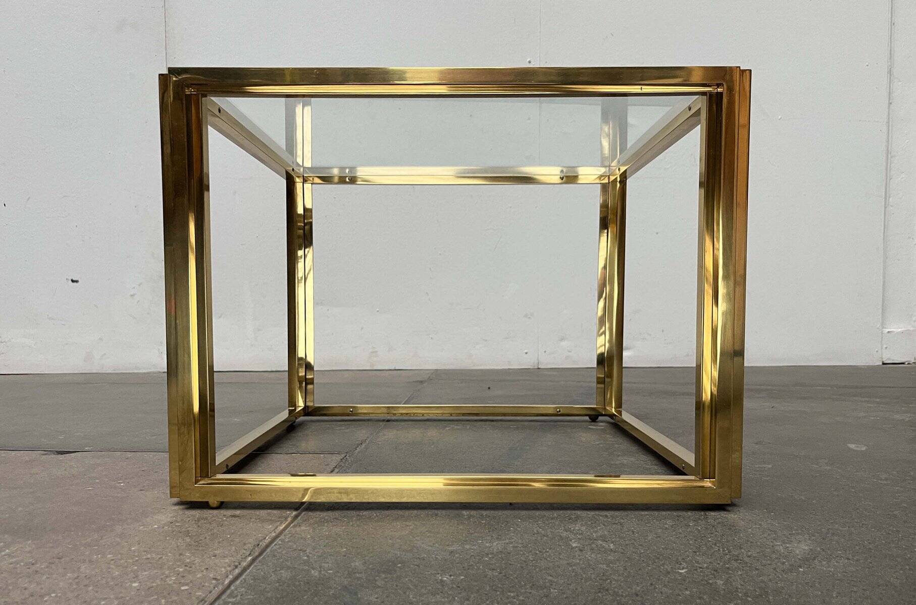 Cube side tables in brass and glass in the French Hollywood Regency style by Maison Charles, 1970s, set of 2.