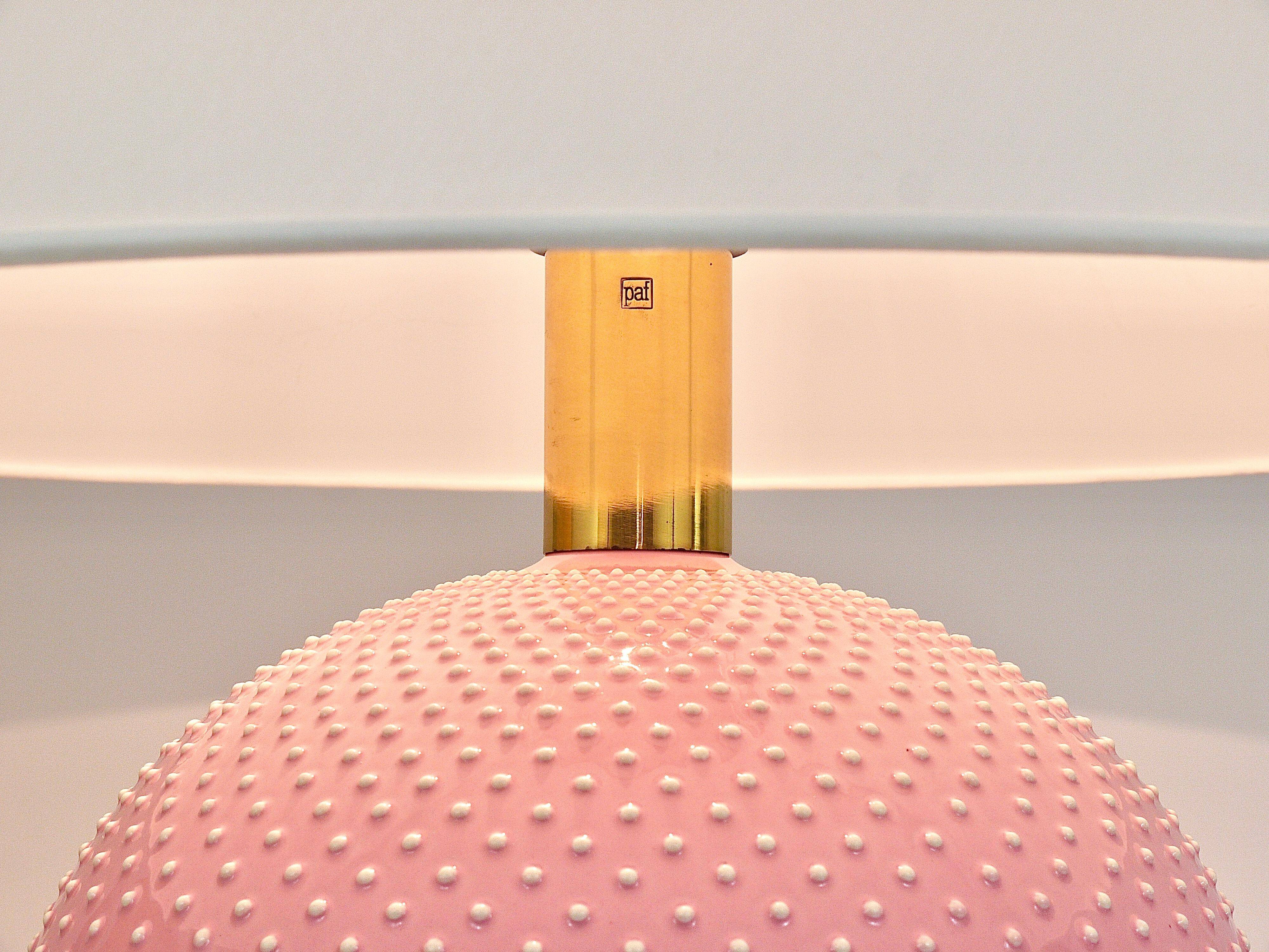 Pastel pink polka dot spherical table lamp, ceramic, brass, Studio Paf Milano, 1970.