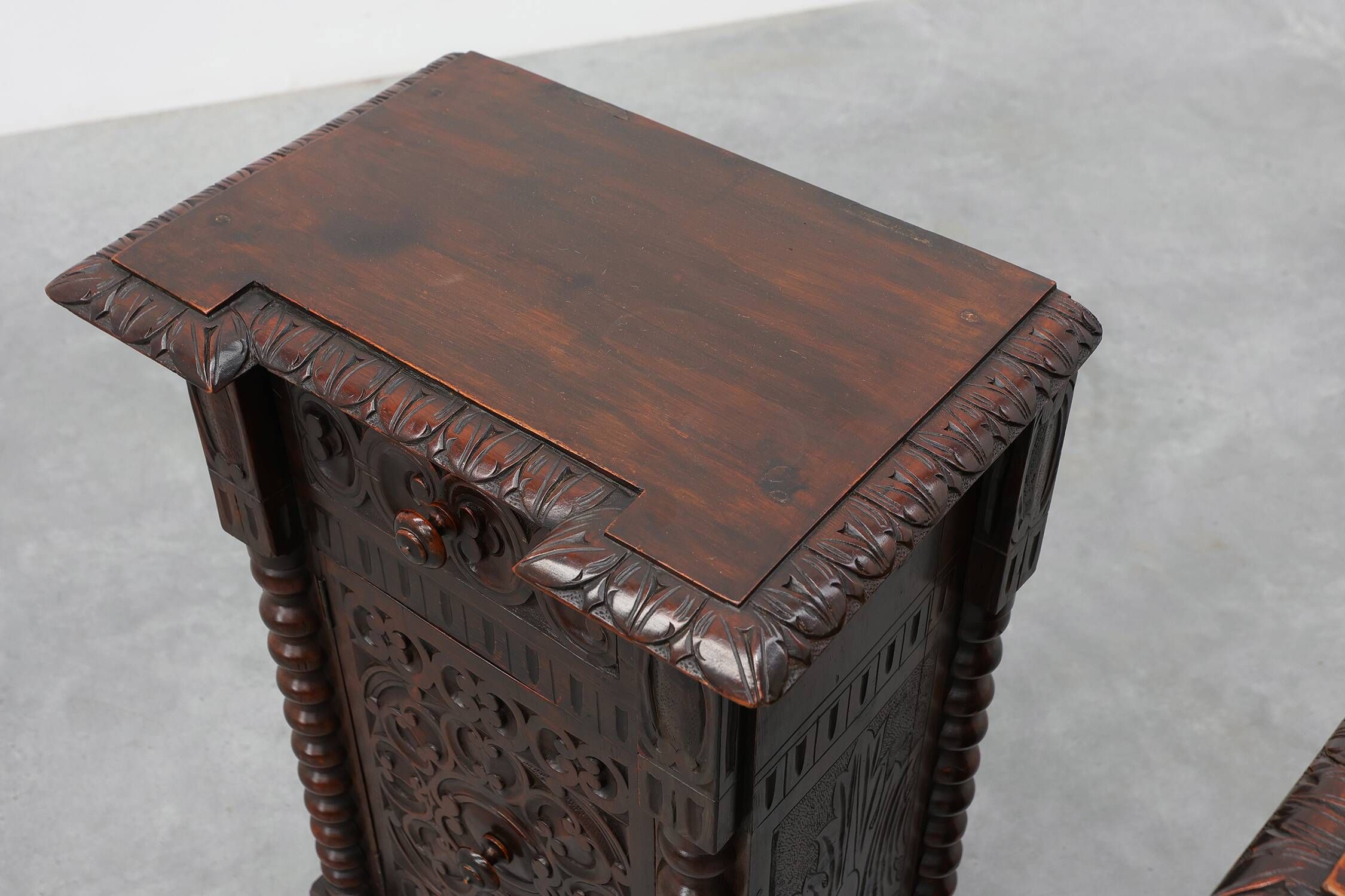 Pair of Breton Carved Oak Bedside Cabinets, France, circa 1900