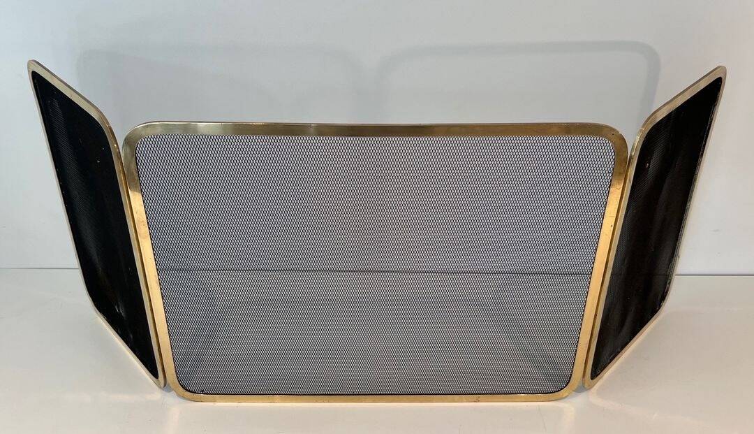Three-Panel Folding Fire Screen in Polished Brass and Steel Mesh