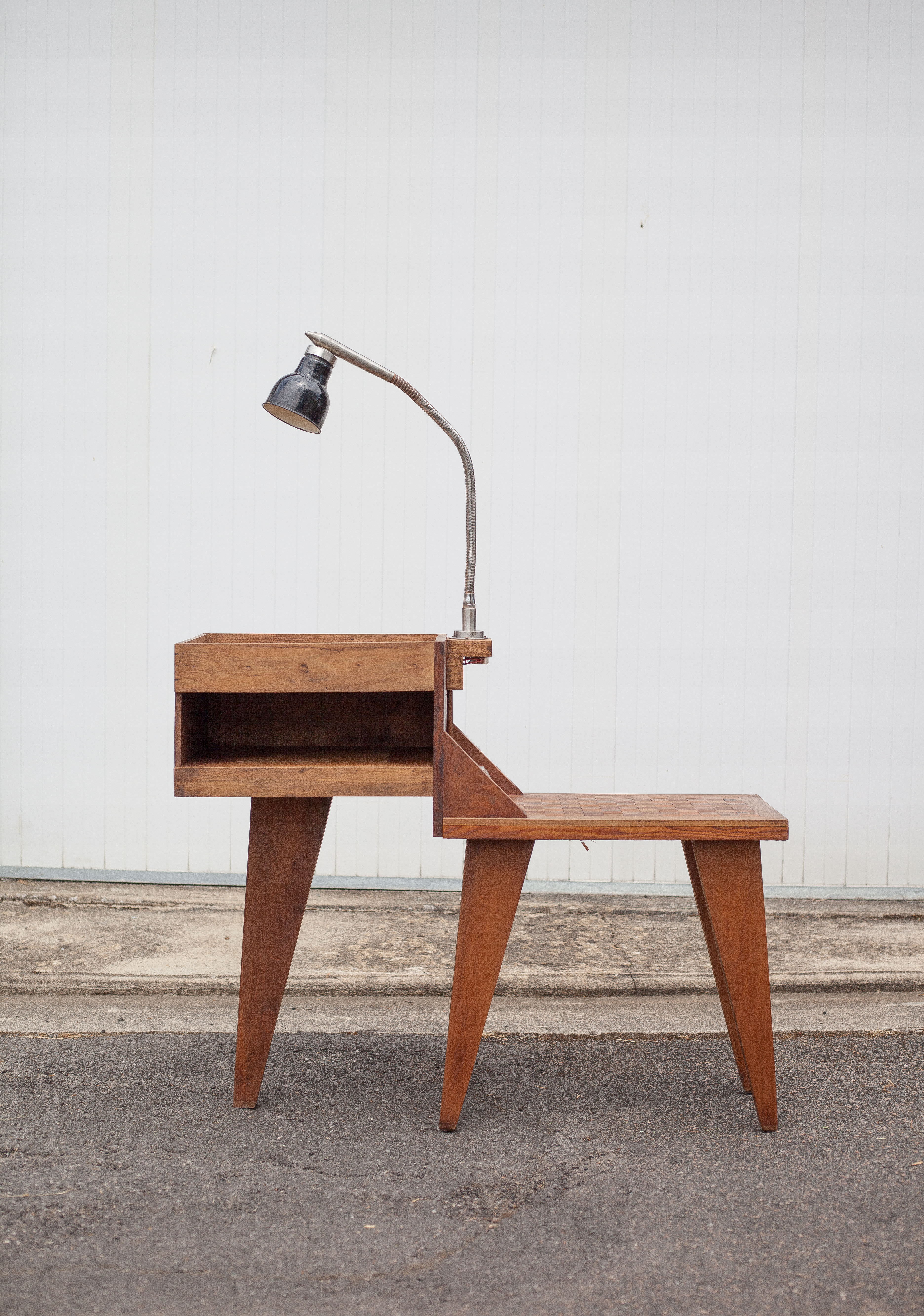 Industrial wood furniture, furniture with integrated lamp, trade furniture, industrial, compass feet