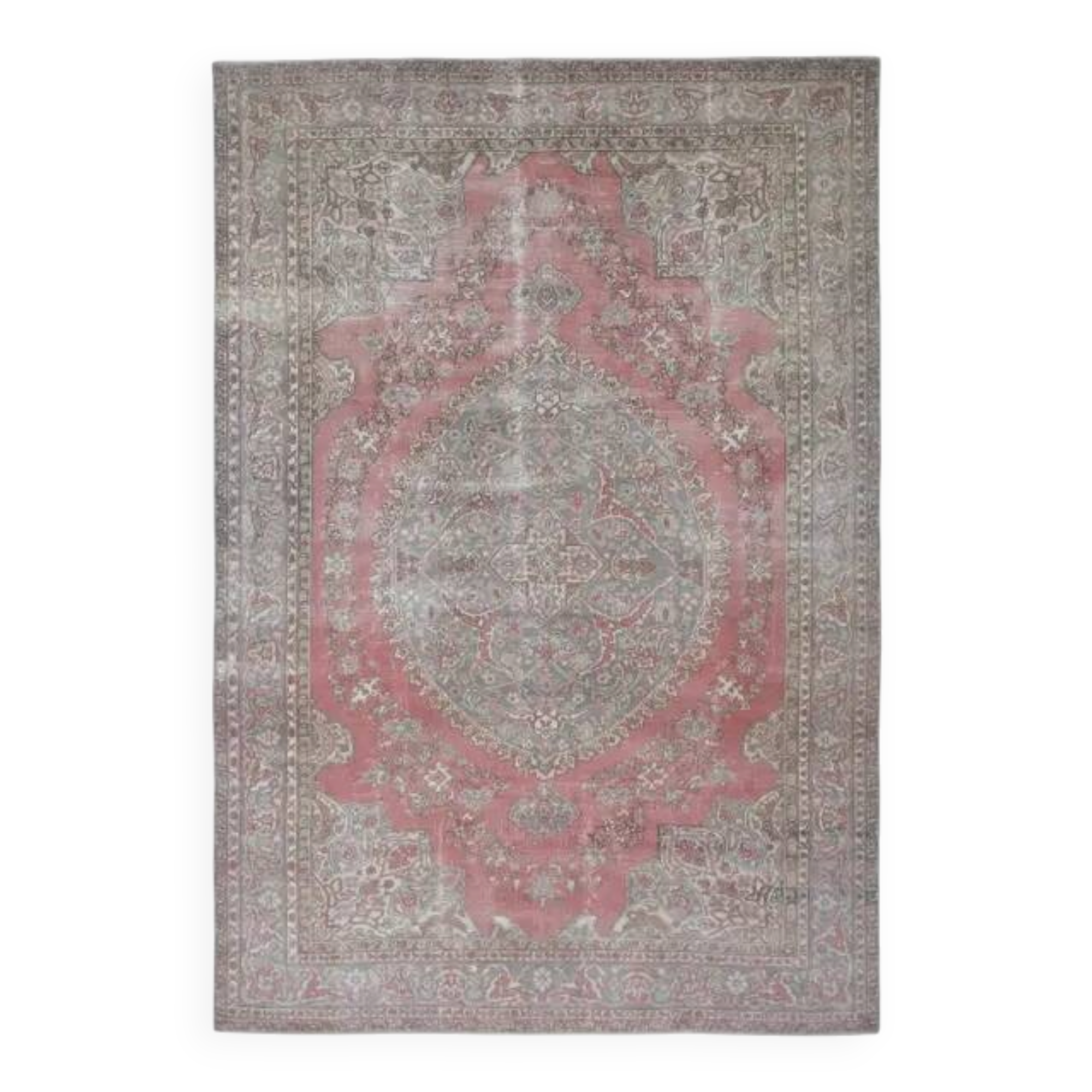 1970s Vintage Persian Handmade Wool Cotton Pink Area Rug 243x353