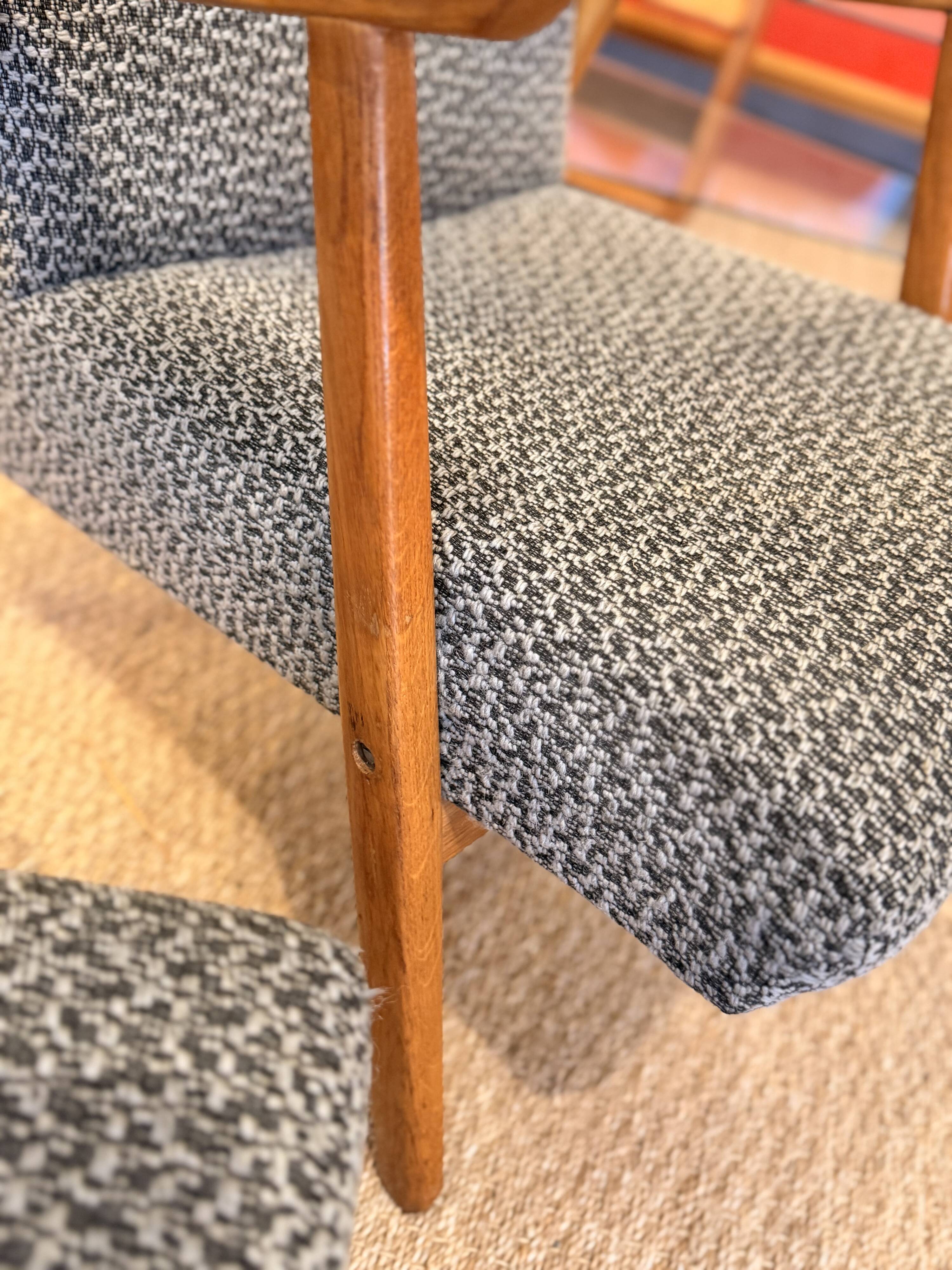 Pair of vintage oak armchairs, original fabric and seat.