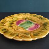 French vintage Majolica plate decorated with apples, in barbotine of Sarreguemines