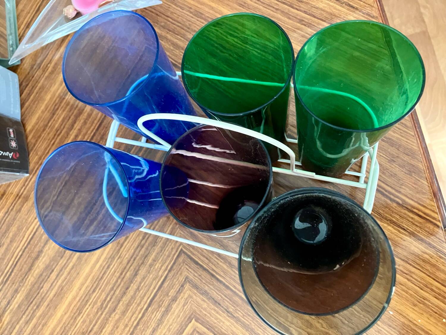 7 coloured glass glasses, 1960s-70s
