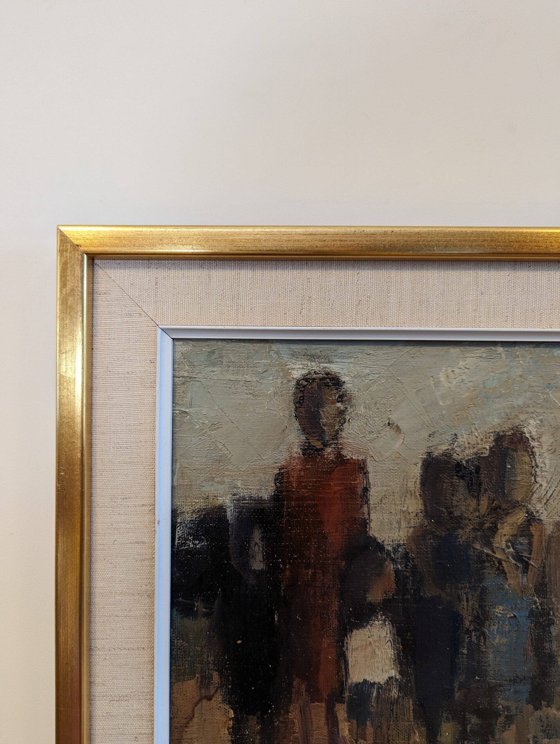 Mid-Century Modern Swedish "Assemble", Vintage Figurative Oil Painting, Framed