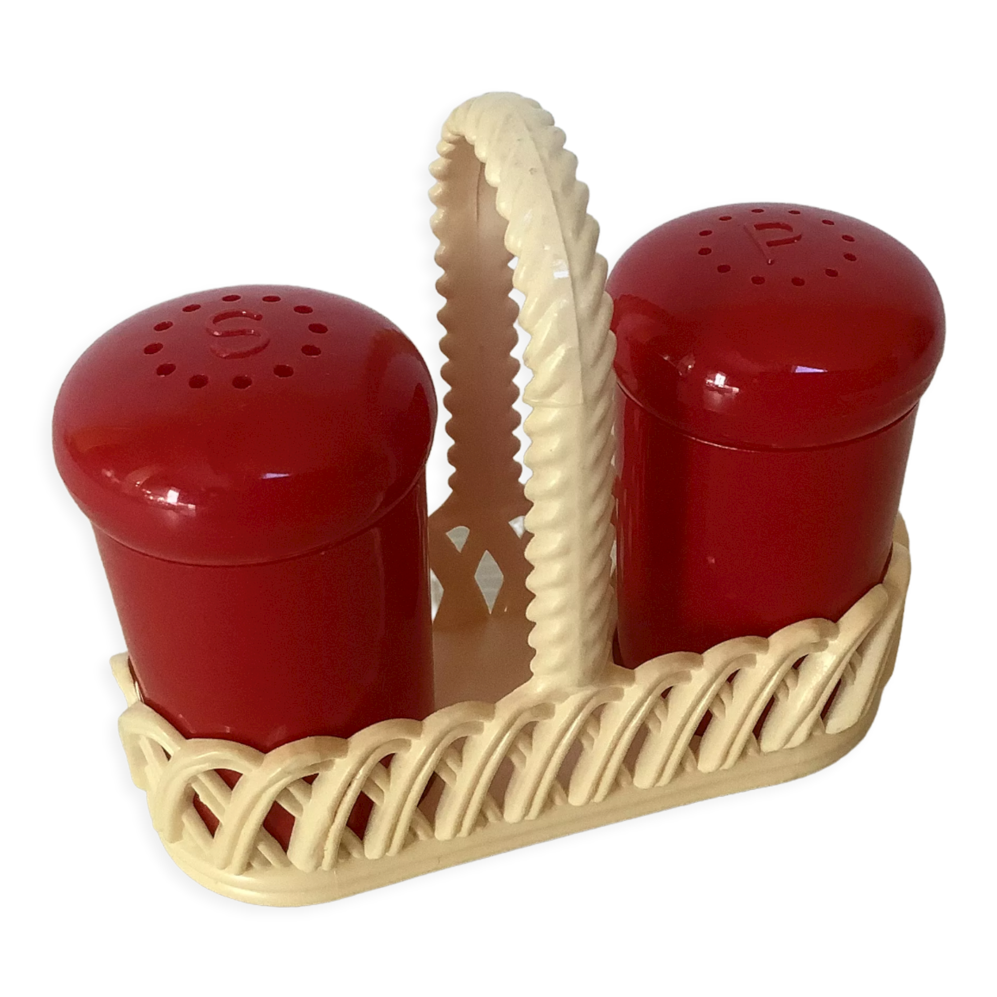Red and white plastic salt and pepper shakers Emsa.