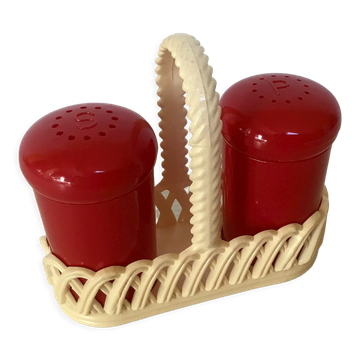 Red and white plastic salt and pepper shakers Emsa.